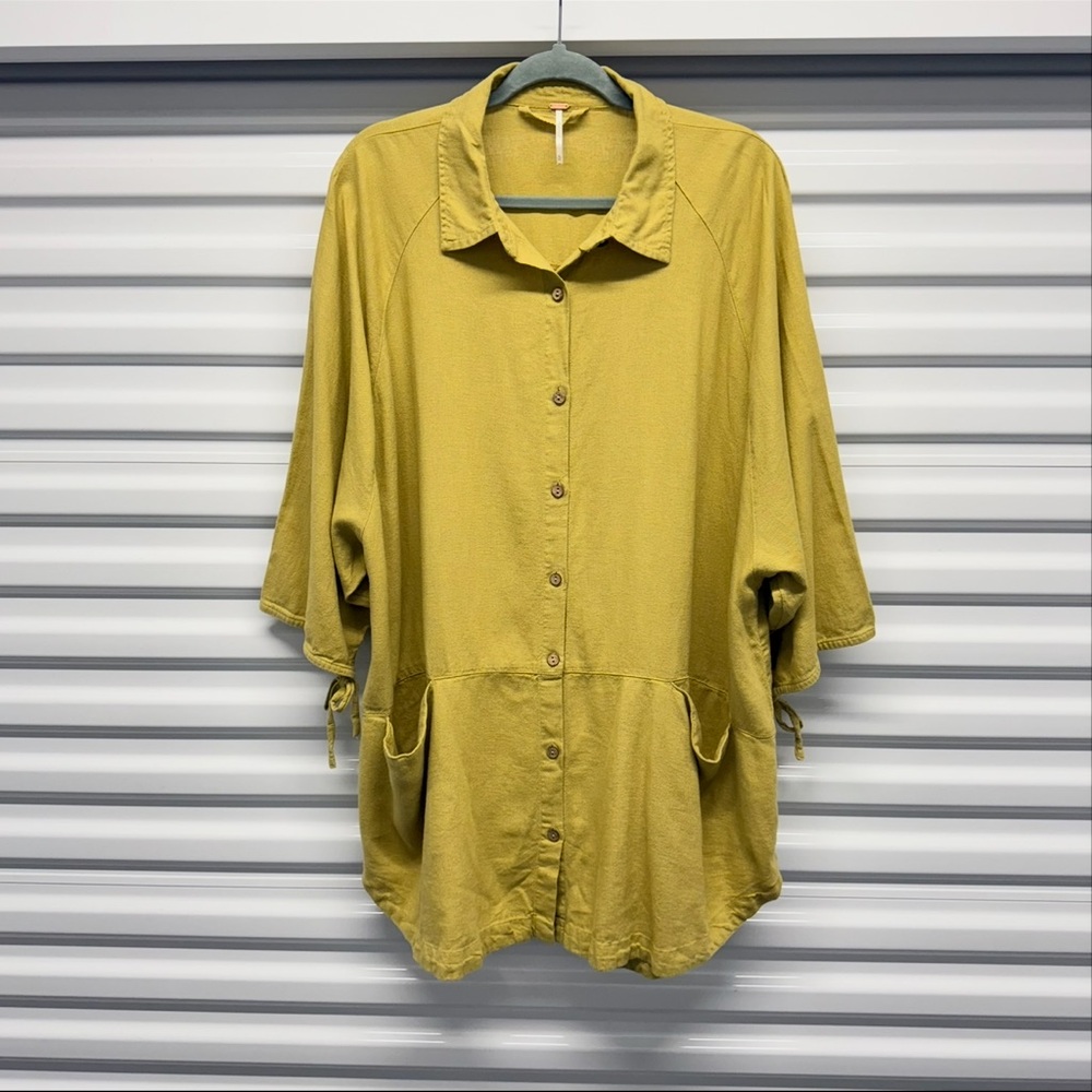 Free People Mustard Linen Blend Button Front Tunic Blouse Boho Oversized